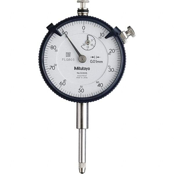 Mitutoyo - 20mm Range, 0-100 Dial Reading, 0.01mm Graduation Dial Drop Indicator - 57mm Dial, 1mm Range per Revolution, 0.2mm Accuracy, Revolution Counter - USA Tool & Supply