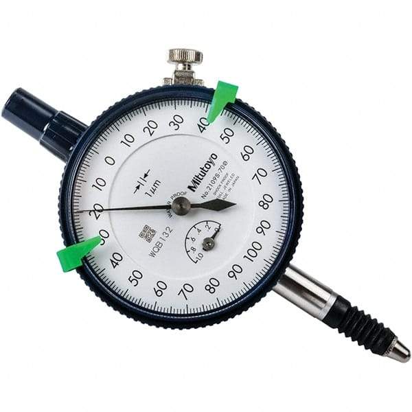 Mitutoyo - 1mm Range, 0-100-0 Dial Reading, 0.001mm Graduation Dial Drop Indicator - 57mm Dial, 0.2mm Range per Revolution, 0.005mm Accuracy, Revolution Counter - USA Tool & Supply