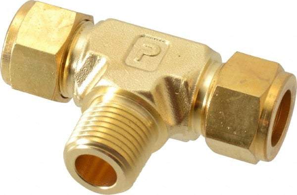 Parker - 5/8" OD, Brass Male Branch Tee - 2,000 Max Working psi, 7/8" Hex, Comp x Comp x MNPT Ends - USA Tool & Supply
