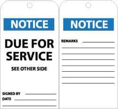 NMC - 3" High x 6" Long, NOTICE - DUE FOR SERVICE, English Safety & Facility Accident Prevention Tag - Tag Header: Notice, 2 Sides, Black, White & Blue Unrippable Vinyl - USA Tool & Supply