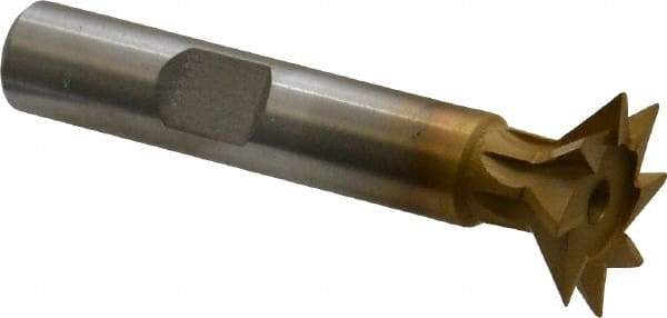 Made in USA - 3/4" Diam x 3/16" Width of Cut, 45° Included Angle, High Speed Steel Dovetail Cutter - 3/8" Shank Diam, 1-15/16" Shank Length, 2-1/8" Overall Length, Weldon Flat, TiN Coated - USA Tool & Supply