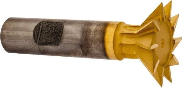 Made in USA - 1-3/8" Diam x 3/8" Width of Cut, 45° Included Angle, High Speed Steel Dovetail Cutter - 5/8" Shank Diam, 2-1/2" Shank Length, 2-7/8" Overall Length, Weldon Flat, TiN Coated - USA Tool & Supply