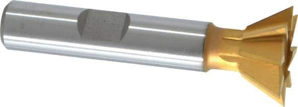 Made in USA - 3/4" Diam x 5/16" Width of Cut, 60° Included Angle, High Speed Steel Dovetail Cutter - 3/8" Shank Diam, 2-1/8" Overall Length, Weldon Flat, TiN Coated - USA Tool & Supply