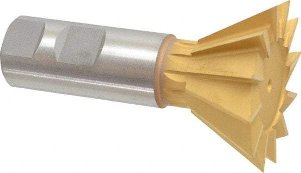 Made in USA - 2-1/4" Diam x 1-1/16" Width of Cut, 60° Included Angle, High Speed Steel Dovetail Cutter - 1" Shank Diam, 3-3/4" Overall Length, Weldon Flat, TiN Coated - USA Tool & Supply