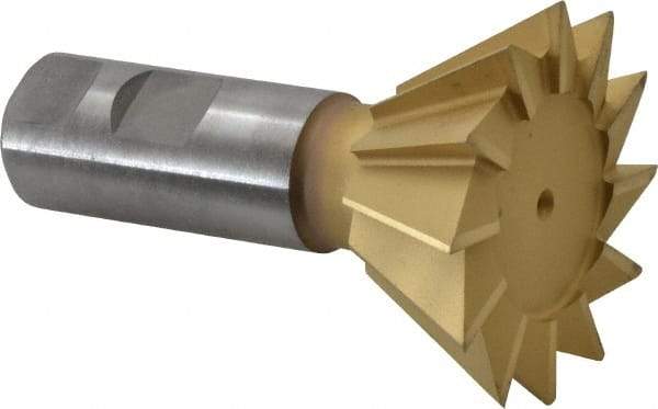 Made in USA - 2-1/2" Diam x 1-1/8" Width of Cut, 60° Included Angle, High Speed Steel Dovetail Cutter - 1" Shank Diam, 3-3/4" Overall Length, Weldon Flat, TiN Coated - USA Tool & Supply