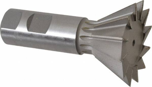 Made in USA - 2-1/4" Diam x 1-1/16" Width of Cut, 60° Included Angle, High Speed Steel Dovetail Cutter - 1" Shank Diam, 3-3/4" Overall Length, Weldon Flat, Uncoated - USA Tool & Supply