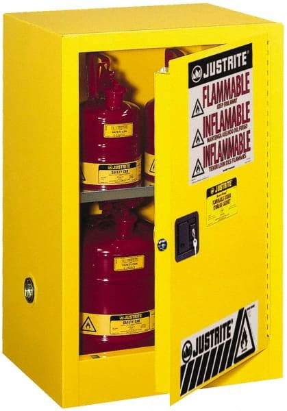 Justrite - 1 Door, 1 Shelf, Yellow Steel Space Saver Safety Cabinet for Flammable and Combustible Liquids - 35" High x 23-1/4" Wide x 18" Deep, Manual Closing Door, 12 Gal Capacity - USA Tool & Supply