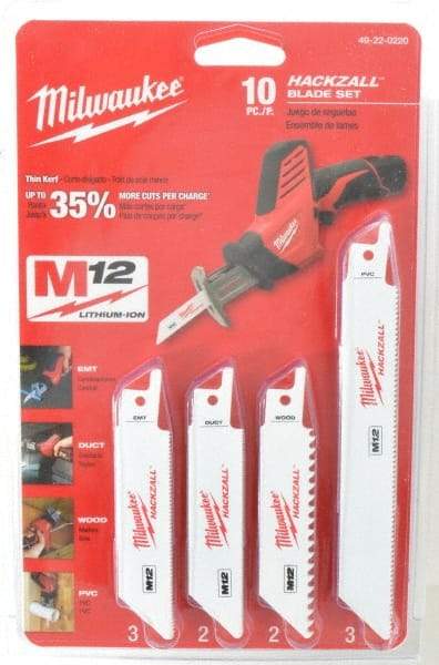 Milwaukee Tool - 10 Piece, 4" Long x 0.035" Thick, Bi-Metal Reciprocating Saw Blade Set - Straight Profile, 6 to 24 Teeth per Inch - USA Tool & Supply