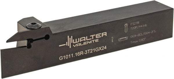 Walter - External Thread, 0.827" Max Depth of Cut, 3mm Min Groove Width, 150.01mm OAL, Right Hand Indexable Grooving Cutoff Toolholder - 25.4mm Shank Height x 25.4mm Shank Width, GX24-2E3/F3.. Insert Style, G1011 Toolholder Style - USA Tool & Supply