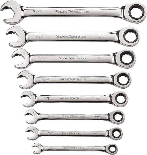 GearWrench - 8 Piece, 5/16" to 3/4", 12 Point Ratcheting Combination Wrench Set - Inch Measurement Standard, Chrome Finish - USA Tool & Supply