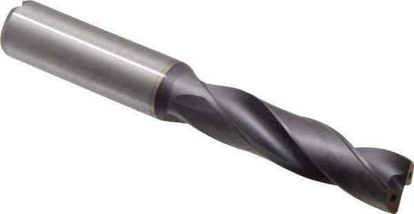 Kennametal - 9/16" 180° Spiral Flute Solid Carbide Screw Machine Drill Bit - TiAlN Finish, Right Hand Cut, 2-9/16" Flute Length, 115mm OAL, Flat-Bottom Point, Straight Shank, Through Coolant - USA Tool & Supply