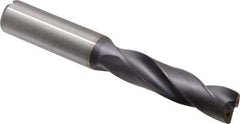 Kennametal - 9/16" 180° Spiral Flute Solid Carbide Screw Machine Drill Bit - TiAlN Finish, Right Hand Cut, 2-9/16" Flute Length, 115mm OAL, Flat-Bottom Point, Straight Shank, Through Coolant - USA Tool & Supply