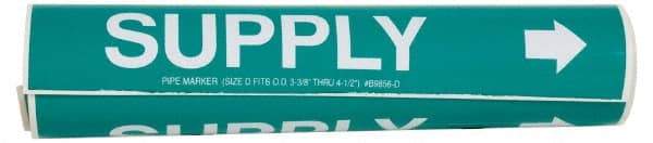 Made in USA - Pipe Marker with Supply Legend and Arrow Graphic - 3-3/8 to 4-1/2" Pipe Outside Diam, White on Green - USA Tool & Supply