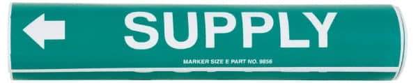 Made in USA - Pipe Marker with Supply Legend and Arrow Graphic - 4-5/8 to 5-7/8" Pipe Outside Diam, White on Green - USA Tool & Supply