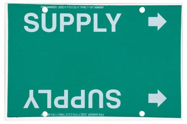 Made in USA - Pipe Marker with Supply Legend and Arrow Graphic - 6 to 8" Pipe Outside Diam, White on Green - USA Tool & Supply