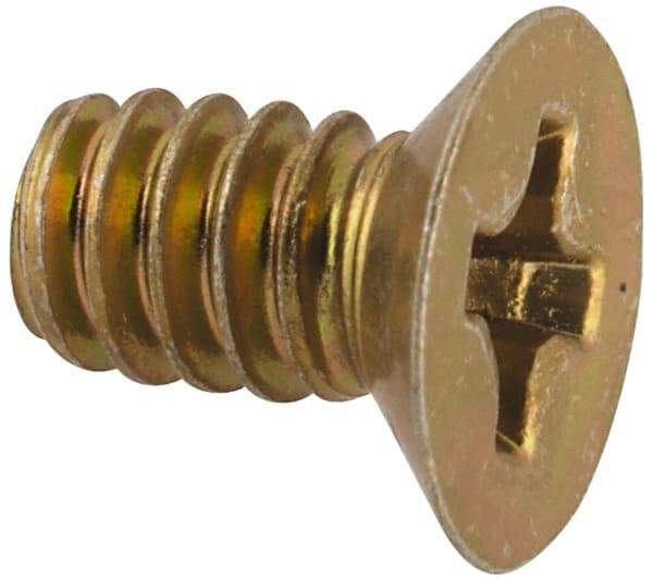 Made in USA - #6-32 UNC, 1/4" OAL Phillips Drive Machine Screw - Flat Head, Grade 3 Steel, Yellow Cadmium-Plated Finish, Without Washer - USA Tool & Supply