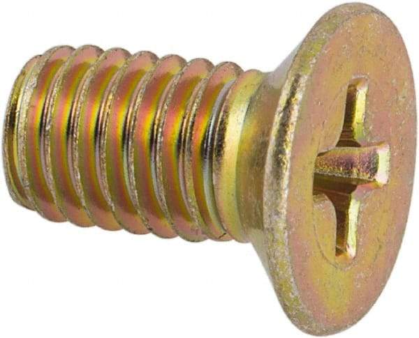 Made in USA - #10-32 UNF, 3/8" OAL Phillips Drive Machine Screw - Flat Head, Grade 3 Steel, Yellow Cadmium-Plated Finish, Without Washer - USA Tool & Supply