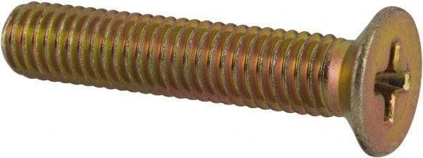 Made in USA - #10-32 UNF, 1" OAL Phillips Drive Machine Screw - Flat Head, Grade 3 Steel, Yellow Cadmium-Plated Finish, Without Washer - USA Tool & Supply