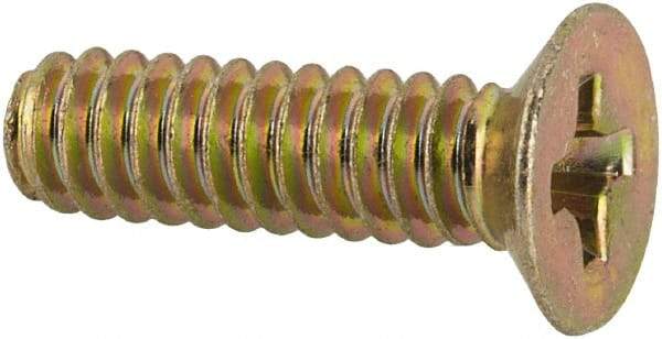 Made in USA - #6-32 UNC, 1/2" OAL Phillips Drive Machine Screw - Flat Head, Grade 3 Steel, Yellow Cadmium-Plated Finish, Without Washer - USA Tool & Supply