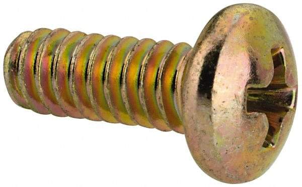 Made in USA - #10-24 UNC, 1/2" Length Under Head Phillips Drive Machine Screw - Pan Head, Grade 3 Steel, Yellow Cadmium-Plated Finish, Without Washer - USA Tool & Supply