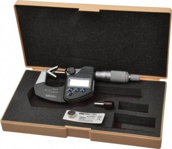 Mitutoyo - 0.05 to 0.6 Inch Measurement, Accuracy Up to 4 micro m, 3 Flutes Measured, Ratchet Stop Thimble, Electronic V Anvil Micrometer - 0.0001 Inch Resolution, Carbide, Data Output, SR44 Battery - USA Tool & Supply