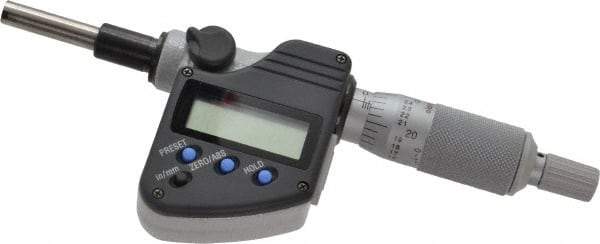 Mitutoyo - 0 to 25.4mm Range, 6.35mm Spindle Diameter, 156.5mm OAL, Flat Spindle Electronic Micrometer Head - 0.00005" Resolution, 0.0001" Accuracy, Carbide Measuring Face, Data Output - USA Tool & Supply