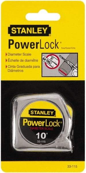 Stanley - 10' x 1/4" Yellow Blade Tape Measure - 1/32 & 1/16" Graduation, Inch Graduation Style, Silver Case - USA Tool & Supply