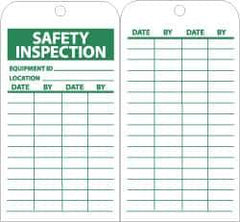 NMC - 3" High x 6" Long, SAFETY INSPECTION, English Safety & Facility Lockout Tag - Tag Header: Notice, 2 Sides, Green & White Unrippable Vinyl - USA Tool & Supply