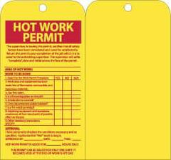 NMC - 4" High x 7-1/2" Long, HOT WORK PERMIT, English Safety & Facility Accident Prevention Tag - Tag Header: Notice, 1 Side, Yellow & Red Unrippable Vinyl - USA Tool & Supply