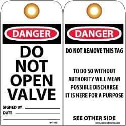 NMC - 3" High x 6" Long, DANGER - DO NOT OPEN VALVE, English Safety & Facility Lockout Tag - Tag Header: Danger, 2 Sides, Black, Red & White Unrippable Vinyl - USA Tool & Supply