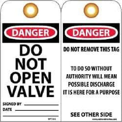 NMC - 3" High x 6" Long, DANGER - DO NOT OPEN VALVE, English Safety & Facility Lockout Tag - Tag Header: Danger, 2 Sides, Black, Red & White Unrippable Vinyl - USA Tool & Supply