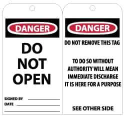 NMC - 3" High x 6" Long, DANGER - DO NOT OPEN, English Safety & Facility Lockout Tag - Tag Header: Danger, 2 Sides, Black, Red & White Unrippable Vinyl - USA Tool & Supply