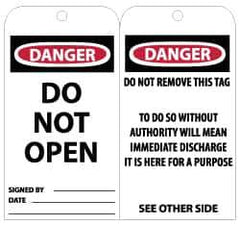 NMC - 3" High x 6" Long, DANGER - DO NOT OPEN, English Safety & Facility Lockout Tag - Tag Header: Danger, 2 Sides, Black, Red & White Unrippable Vinyl - USA Tool & Supply