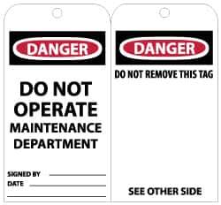 NMC - 3" High x 6" Long, DANGER - DO NOT OPERATE - MAINTENANCE DEPARTMENT, English Safety & Facility Lockout Tag - Tag Header: Danger, 2 Sides, Black, Red & White Unrippable Vinyl - USA Tool & Supply