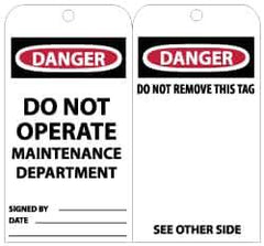 NMC - 3" High x 6" Long, DANGER - DO NOT OPERATE - MAINTENANCE DEPARTMENT, English Safety & Facility Lockout Tag - Tag Header: Danger, 2 Sides, Black, Red & White Unrippable Vinyl - USA Tool & Supply