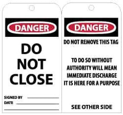 NMC - 3" High x 6" Long, DANGER - DO NOT CLOSE, English Safety & Facility Lockout Tag - Tag Header: Danger, 2 Sides, Black, Red & White Unrippable Vinyl - USA Tool & Supply