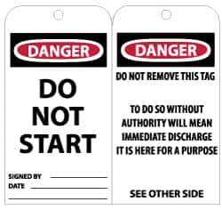 NMC - 3" High x 6" Long, DANGER - DO NOT START, English Safety & Facility Lockout Tag - Tag Header: Danger, 2 Sides, Black, Red & White Unrippable Vinyl - USA Tool & Supply