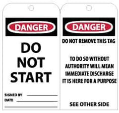 NMC - 3" High x 6" Long, DANGER - DO NOT START, English Safety & Facility Lockout Tag - Tag Header: Danger, 2 Sides, Black, Red & White Unrippable Vinyl - USA Tool & Supply