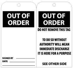 NMC - 3" High x 6" Long, OUT OF ORDER, English Safety & Facility Lockout Tag - Tag Header: CAUTION, 2 Sides, Black & White Unrippable Vinyl - USA Tool & Supply