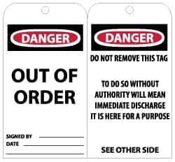 NMC - 3" High x 6" Long, DANGER - OUT OF ORDER, English Safety & Facility Lockout Tag - Tag Header: Danger, 2 Sides, Black, Red & White Unrippable Vinyl - USA Tool & Supply