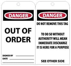 NMC - 3" High x 6" Long, DANGER - OUT OF ORDER, English Safety & Facility Lockout Tag - Tag Header: Danger, 2 Sides, Black, Red & White Unrippable Vinyl - USA Tool & Supply