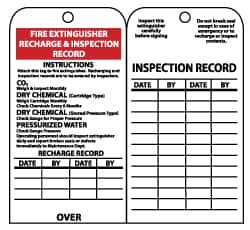 NMC - 3" High x 6" Long, FIRE EXTINGUISHER RECHARGE & INSPECTION RECORD, English Safety & Facility Inspection Tag - Tag Header: Danger, 2 Sides, Black & White Unrippable Vinyl - USA Tool & Supply