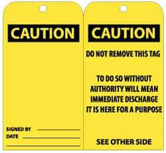 NMC - 3" High x 6" Long, CAUTION, English Safety & Facility Lockout Tag - Tag Header: CAUTION, 2 Sides, Black & Yellow Unrippable Vinyl - USA Tool & Supply