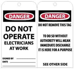 NMC - 3" High x 6" Long, DANGER - DO NOT OPERATE - ELECTRICIANS AT WORK, English Safety & Facility Lockout Tag - Tag Header: Danger, 2 Sides, Black, Red & White Unrippable Vinyl - USA Tool & Supply