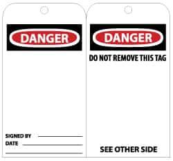 NMC - 3" High x 6" Long, DANGER, English Safety & Facility Lockout Tag - Tag Header: Danger, 2 Sides, Black, Red & White Unrippable Vinyl - USA Tool & Supply