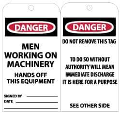 NMC - 3" High x 6" Long, DANGER - MEN WORKING ON MACHINERY - HANDS OFF THIS EQUIPMENT, English Safety & Facility Lockout Tag - Tag Header: Danger, 2 Sides, Black, Red & White Unrippable Vinyl - USA Tool & Supply