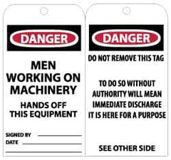 NMC - 3" High x 6" Long, DANGER - MEN WORKING ON MACHINERY - HANDS OFF THIS EQUIPMENT, English Safety & Facility Lockout Tag - Tag Header: Danger, 2 Sides, Black, Red & White Unrippable Vinyl - USA Tool & Supply