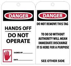 NMC - 3" High x 6" Long, DANGER - HANDS OFF - DO NOT OPERATE, English Safety & Facility Lockout Tag - Tag Header: Danger, 2 Sides, Black, Red & White Unrippable Vinyl - USA Tool & Supply