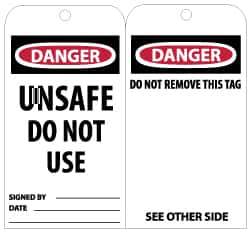 NMC - 3" High x 6" Long, DANGER - UNSAFE DO NOT USE, English Safety & Facility Lockout Tag - Tag Header: Danger, 2 Sides, Black, Red & White Unrippable Vinyl - USA Tool & Supply