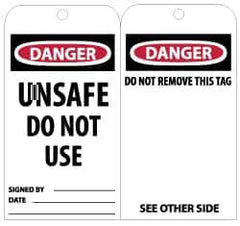 NMC - 3" High x 6" Long, DANGER - UNSAFE DO NOT USE, English Safety & Facility Lockout Tag - Tag Header: Danger, 2 Sides, Black, Red & White Unrippable Vinyl - USA Tool & Supply